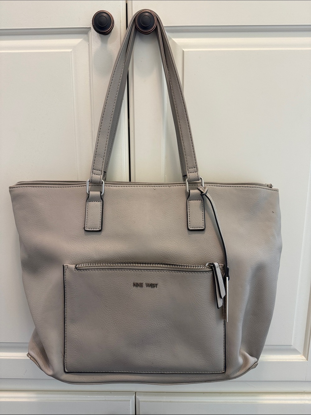 Nine West Light Gray Faux Leather Tote with Front Zip Pocket